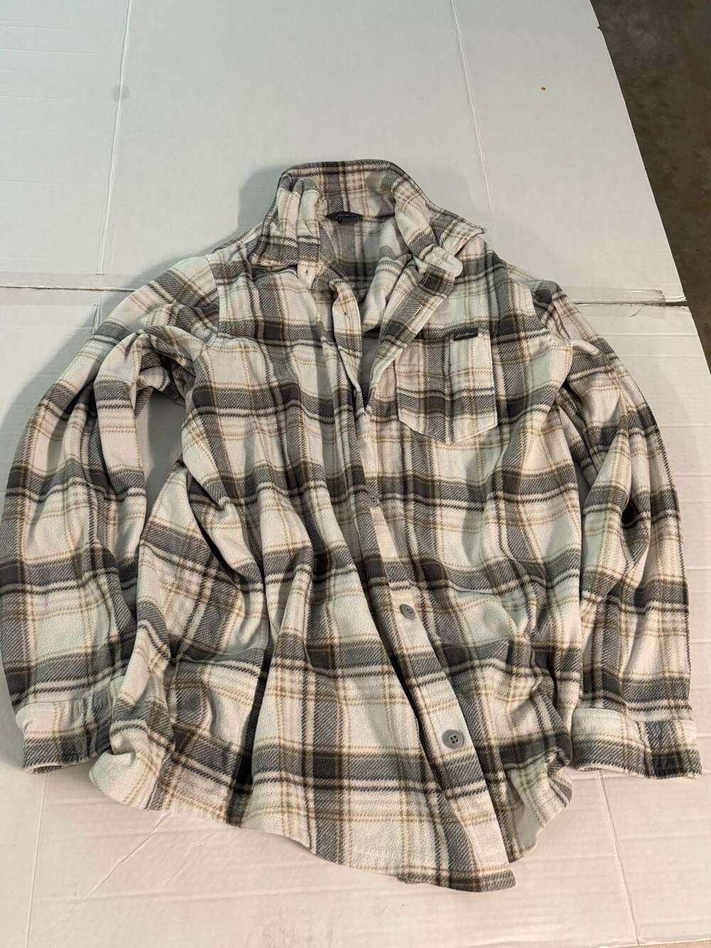 Eddie Bauer Men's Plaid Fleece Button Down Long Sleeve Shirt Gray White Tan TL